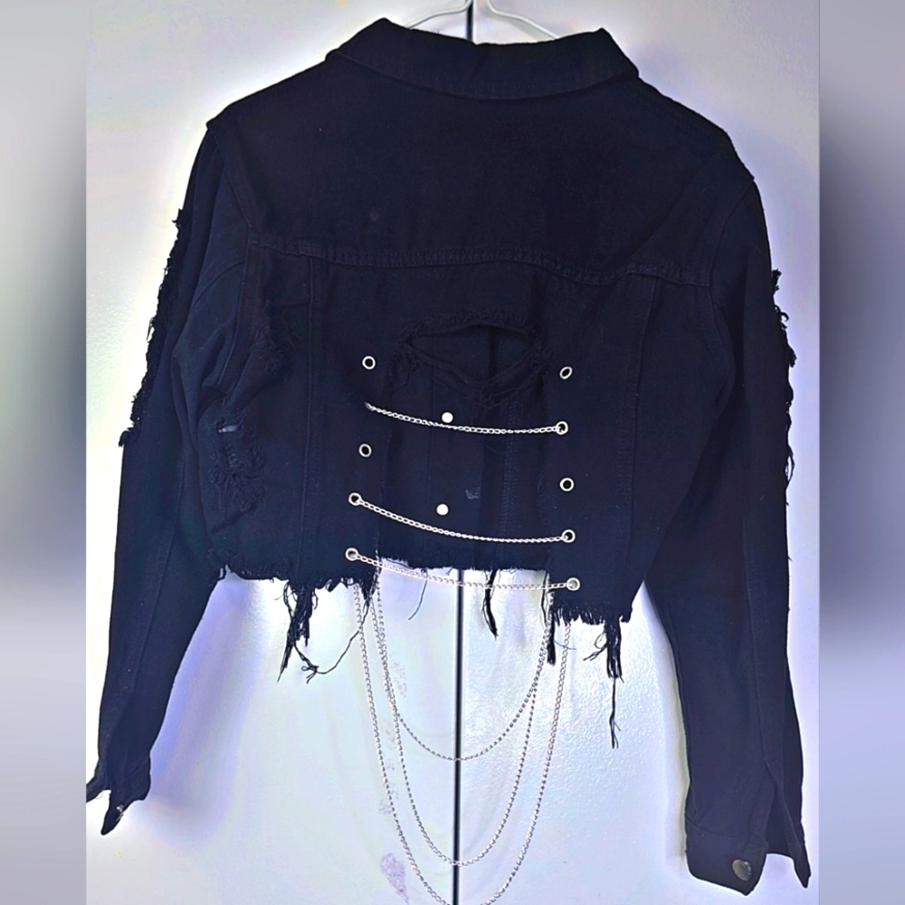 Srylish black distressed denim crop jacket with chain detail at the back , US 8